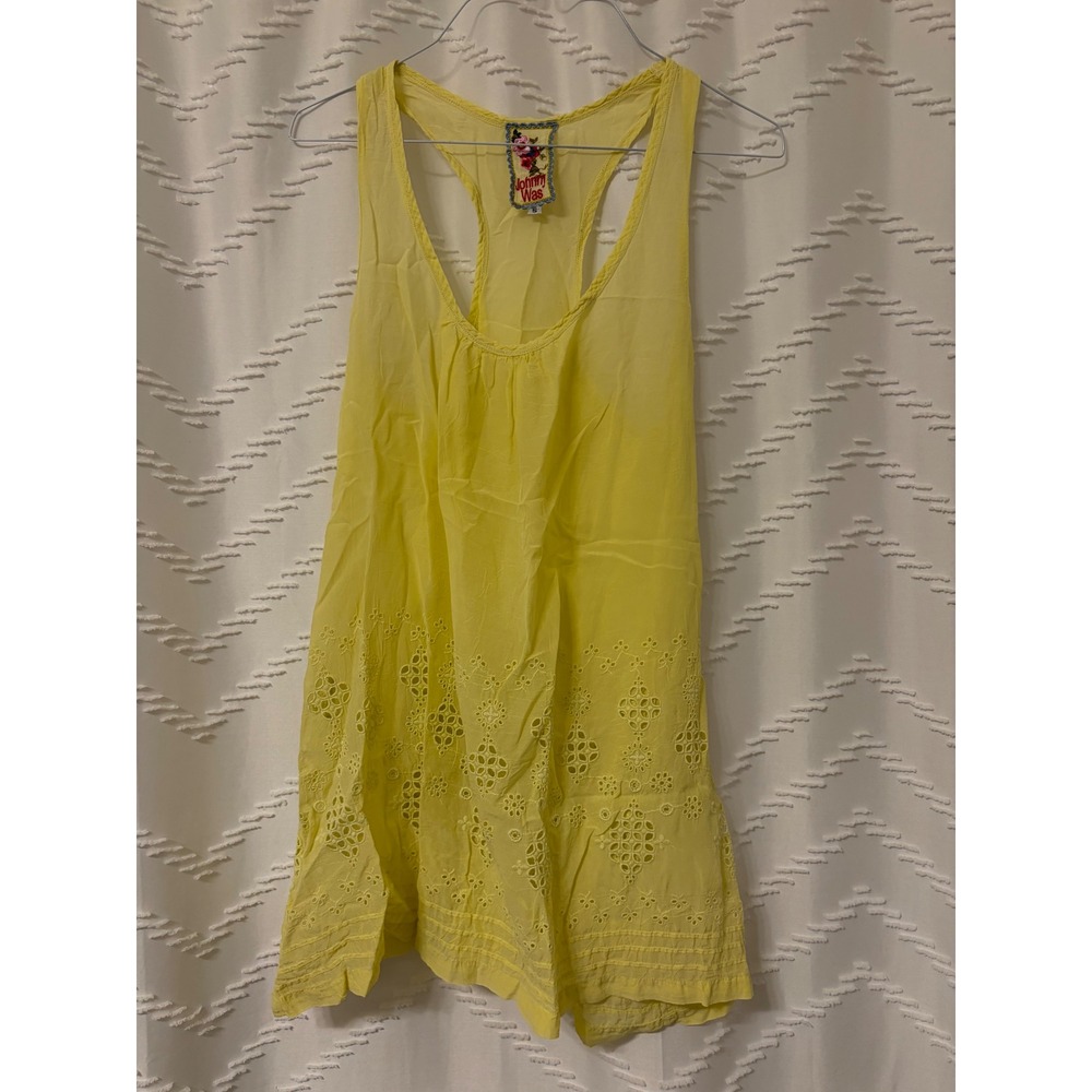 Johnny Was Yellow Cupra Rayon Eyelet Embroidered Racerback Tank Top Small